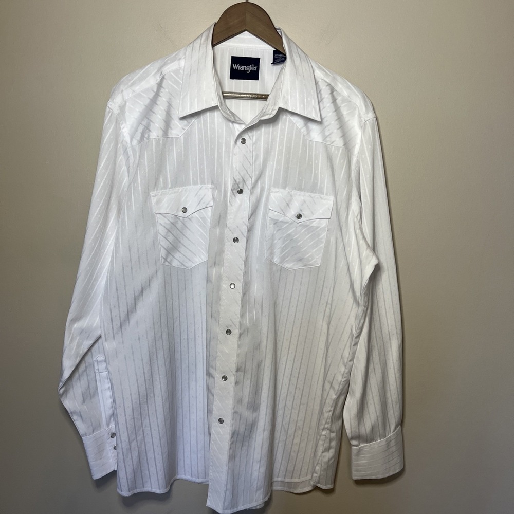 WRANGLER‎ Men's White Striped Long Sleeve Pearl Snap Western Dress Shirt XLTall